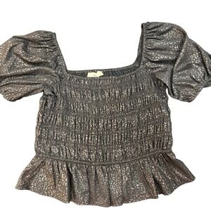 Entro Womens Black Metallic Bronze Leopard Smocked Puff Sleeve Peplum Top L